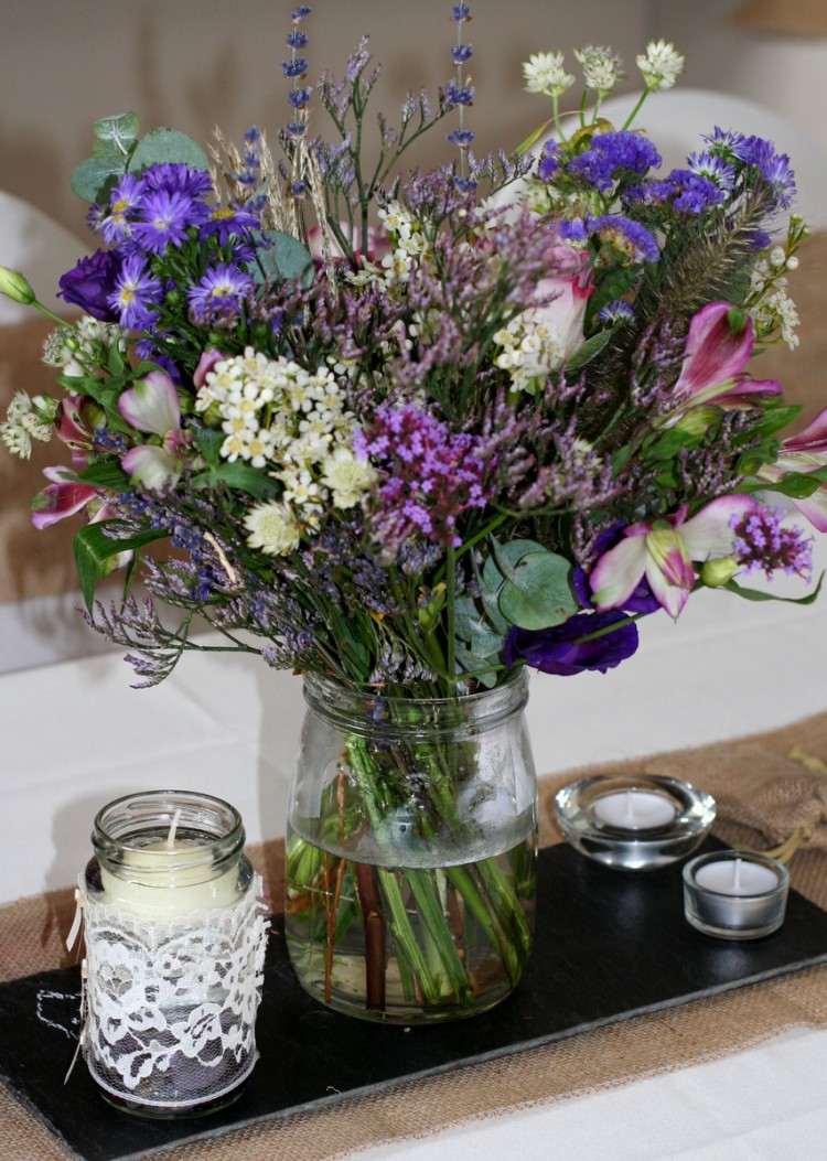 purple kilner jar table arrangement