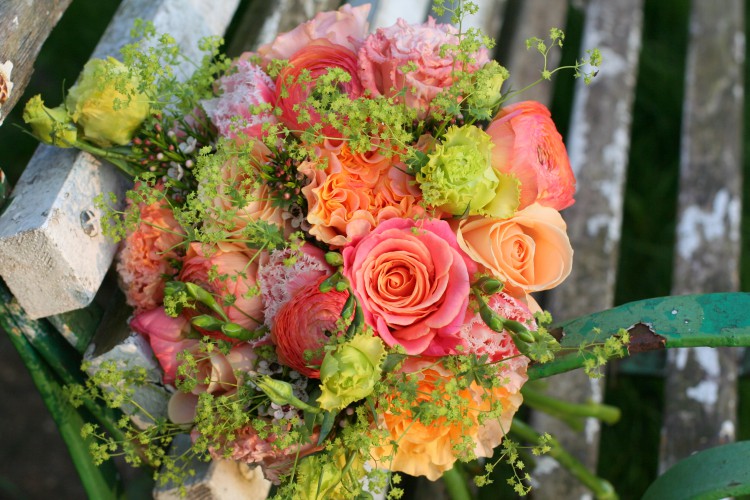coral pink and peach bridesmaid bouquet