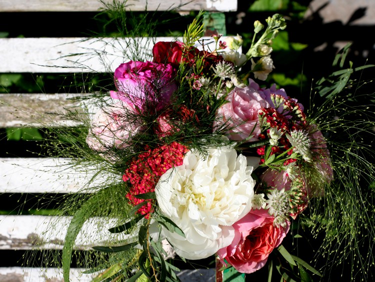 brides bouquet with garden roses and peonies