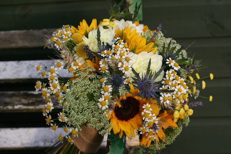 sunflower, daisy and thistle bride bouquet