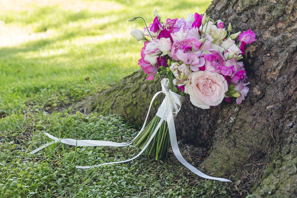 sweet pea and garden rose brides bouquet at Elmore Court