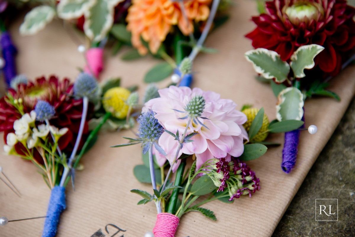 dahlia buttonholes for a colourful wedding at Homme House